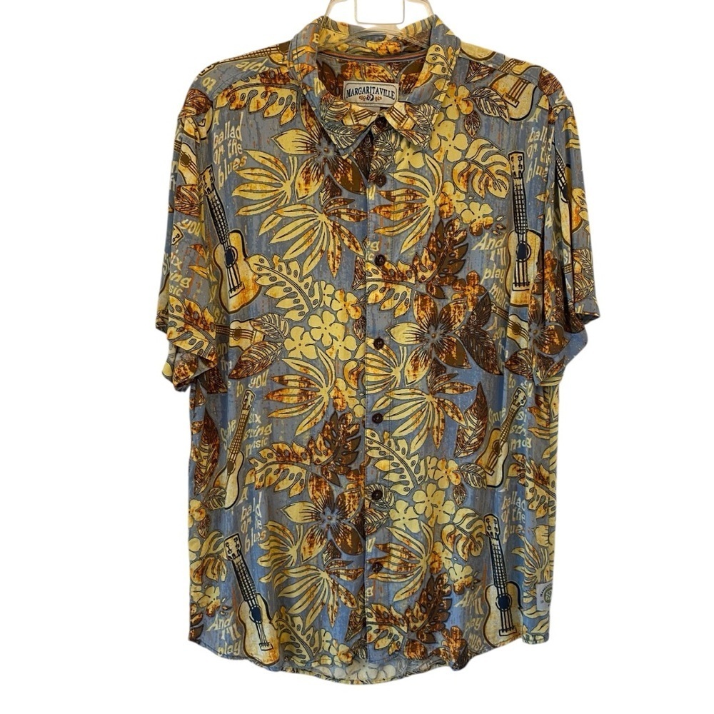 Margaritaville Men's L Hibiscus Hawaiian floral guitars Button Down Shirt